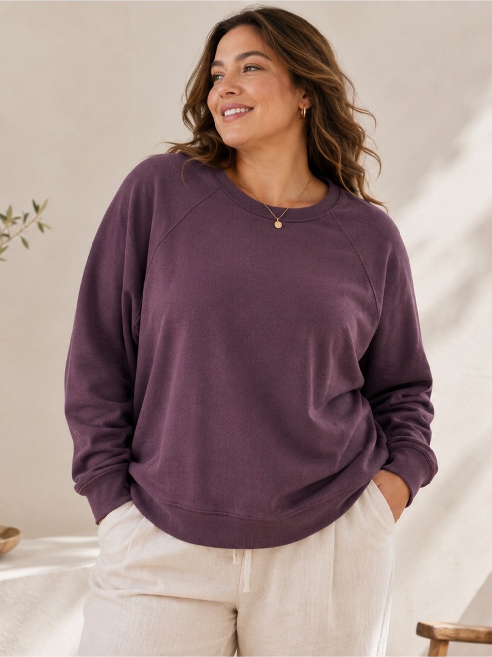 Quince XL SuperSoft Fleece Crewneck Pullover Sweatshirt Purple Burgundy Lounge